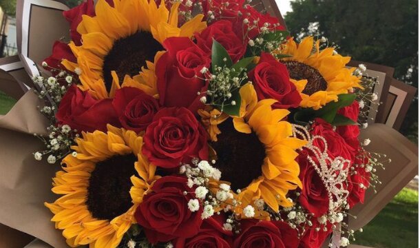 Sunflower and roses