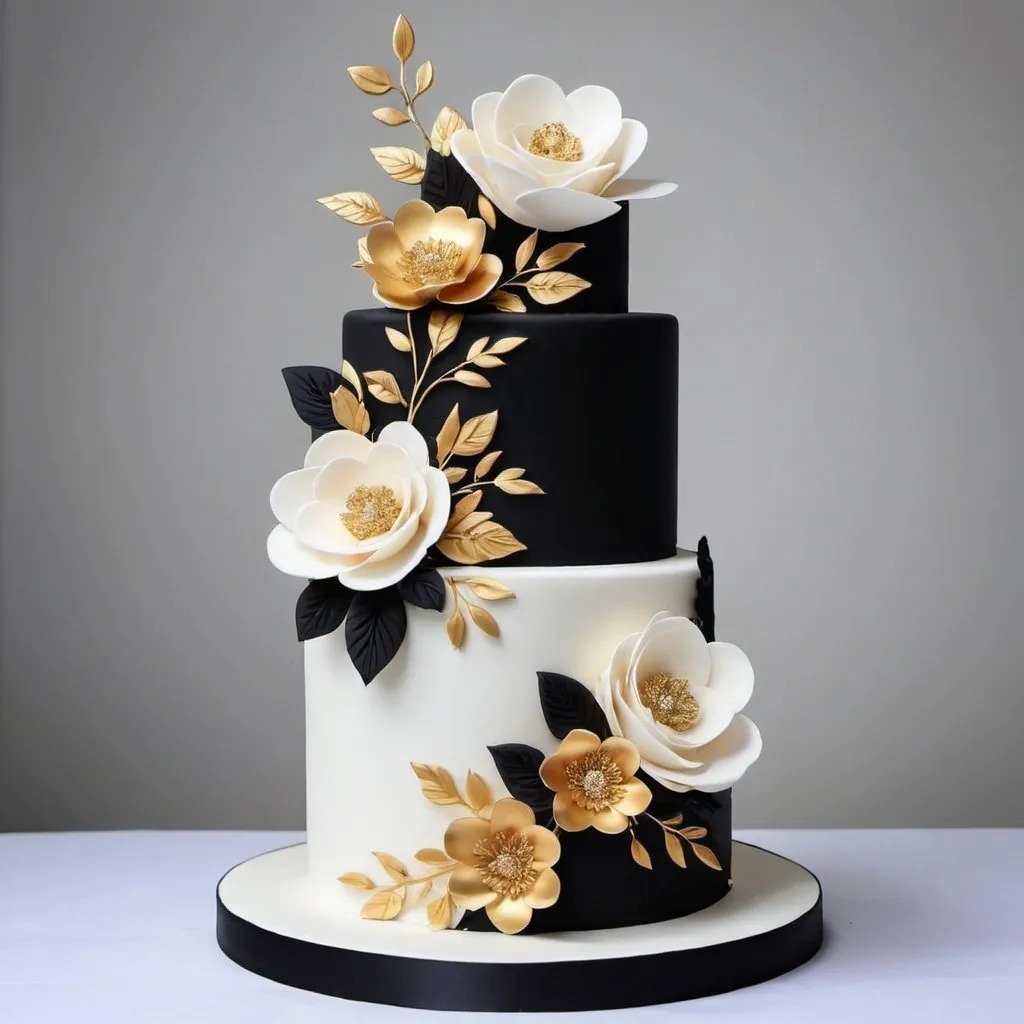 Black white and gold wedding cake