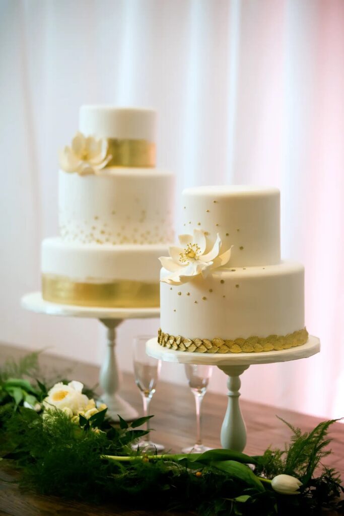 White and gold wedding cake